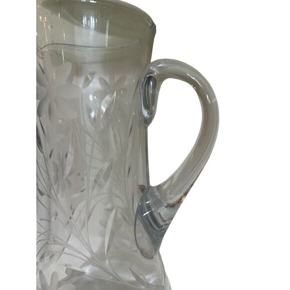 Vintage Brilliant Heavy Cut Glass Crystal Clear Water Juice Pitcher With Handle - Picture 5 of 7